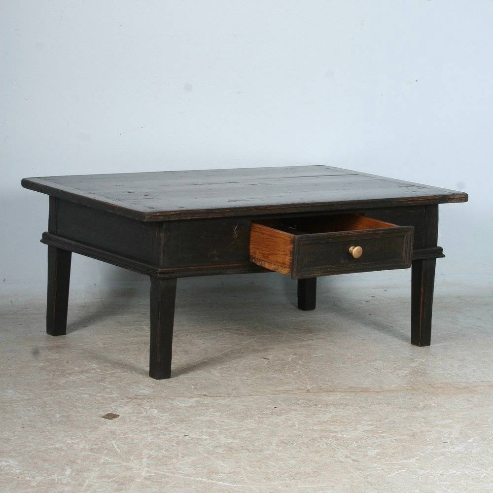 Primitive Antique Black Coffee Table With Drawer, Denmark circa 1880