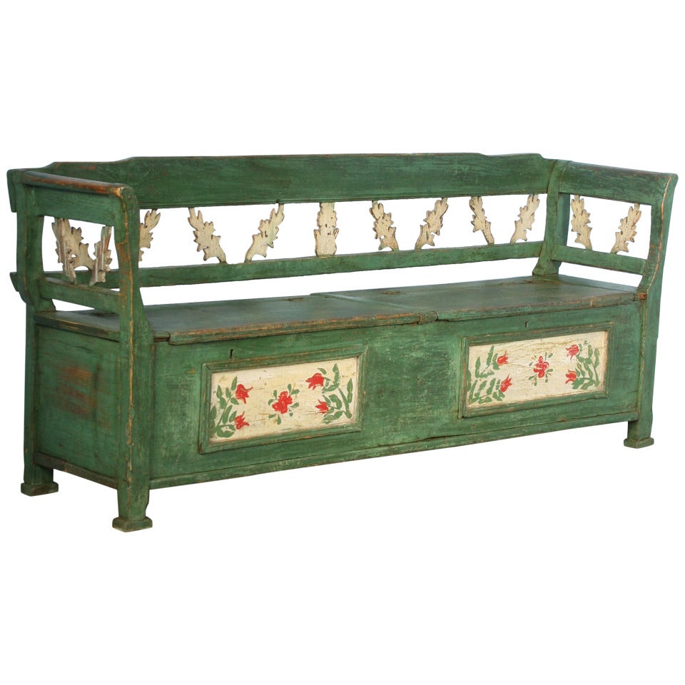 Antique Original Green Painted Bench With Storage