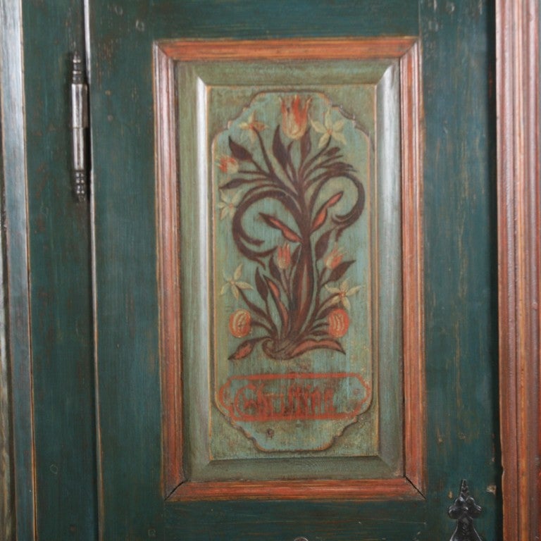 18th Century and Earlier Antique German Painted Armoire With Beautiful Floral Details