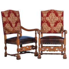 Pair, Vintage Carved Danish Arm Chairs w/New Leather/ Upholstery