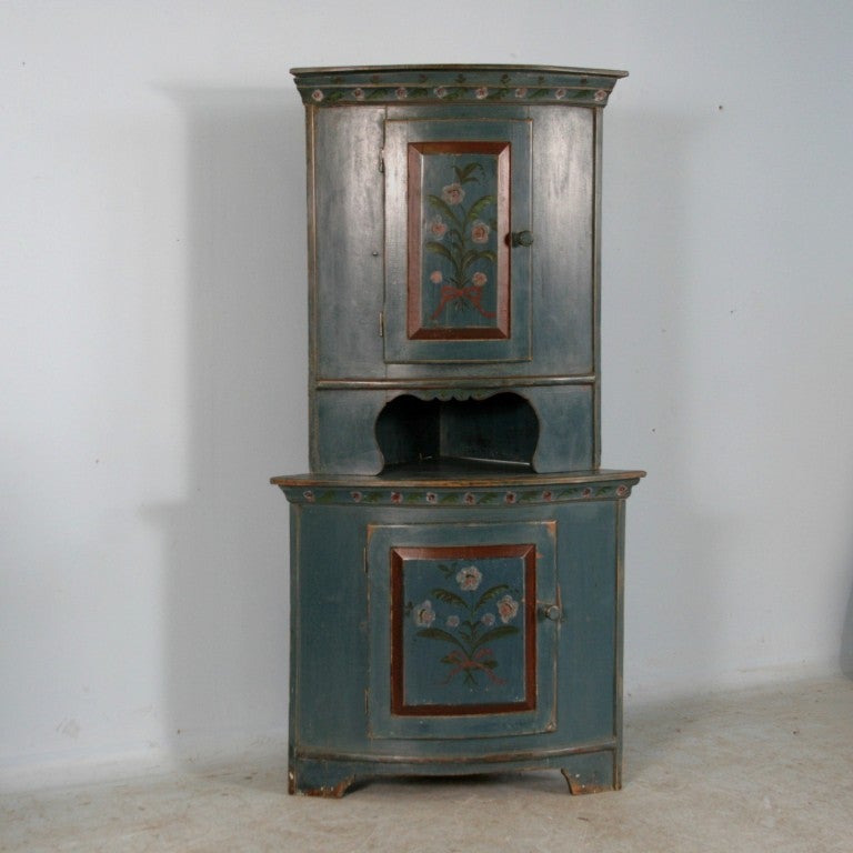 Antique Hand Painted Blue Swedish Corner Cupboard