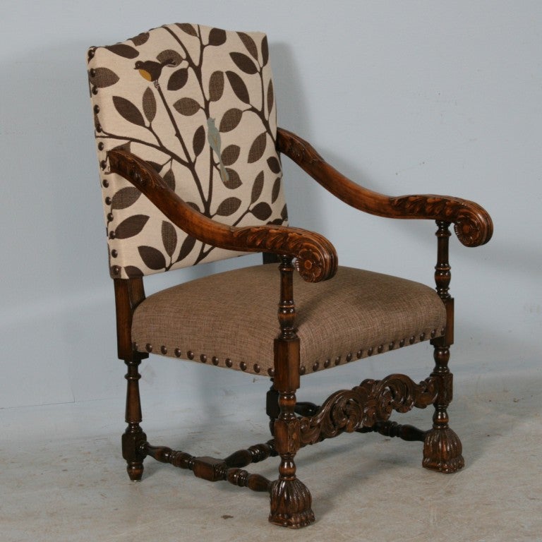 Danish Carved Oak  Armchair w/ Bird/Leaf Contemporary Upholstery