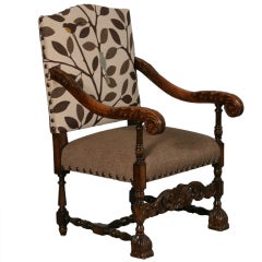 Danish Carved Oak  Armchair w/ Bird/Leaf Contemporary Upholstery