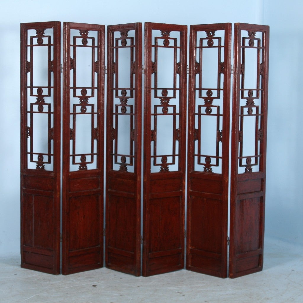 Six Screen Chinese Red Lacquered Room Divider at 1stDibs