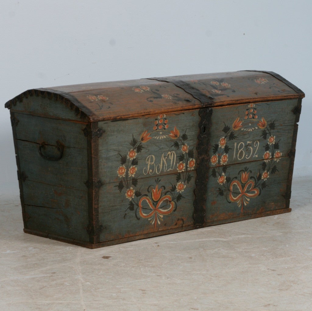 Original Blue Painted Antique Swedish Trunk, Hidden Compartment