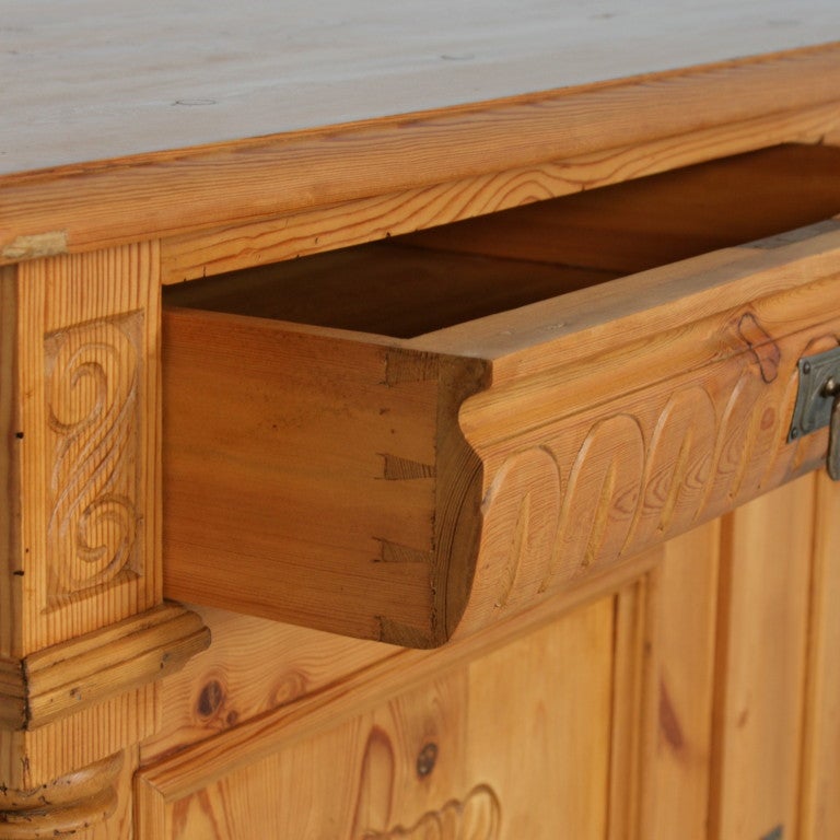 Wood Antique Danish Pine Sideboard, Carved Panels & Barley Twist