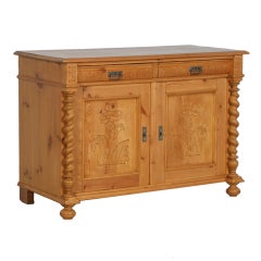 Used Danish Pine Sideboard, Carved Panels & Barley Twist