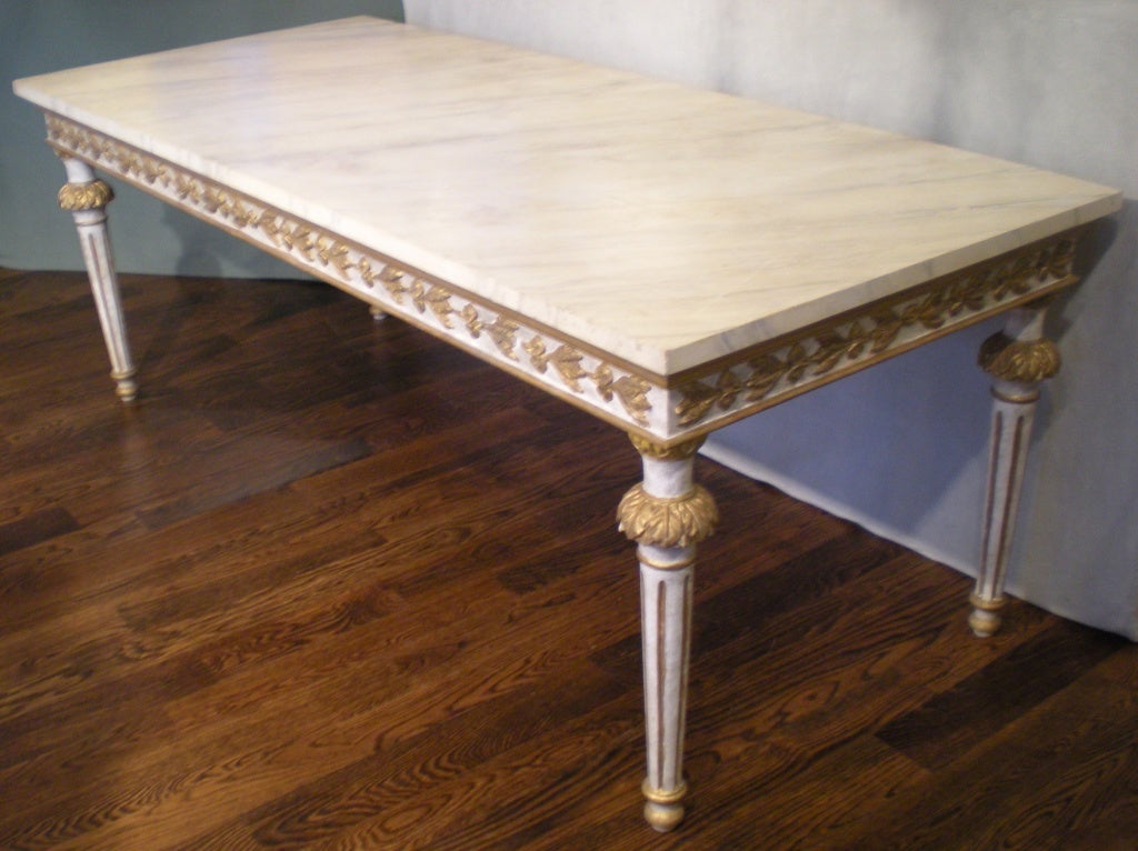 Exquisite, custom, handmade table with marbleized top (white with gray veining) and gilt detail. Custom copy of 18th century table in the Pitti Palace. Made in Italy. Great for a dining table, center table or console!
