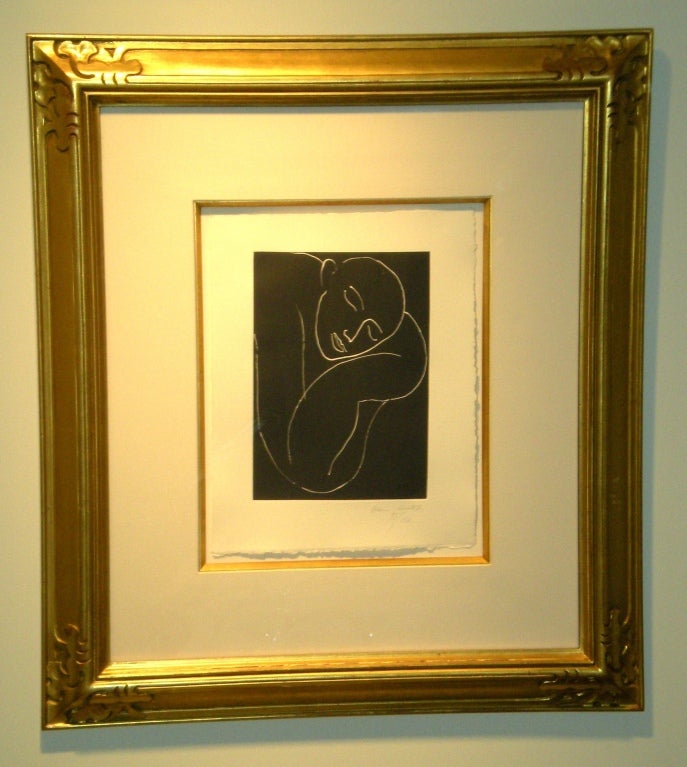 Henri Matisse. L'Homme endormi. Aquatint on paper. Hinged in gilt frame. Framed size: 26in. x 23in.