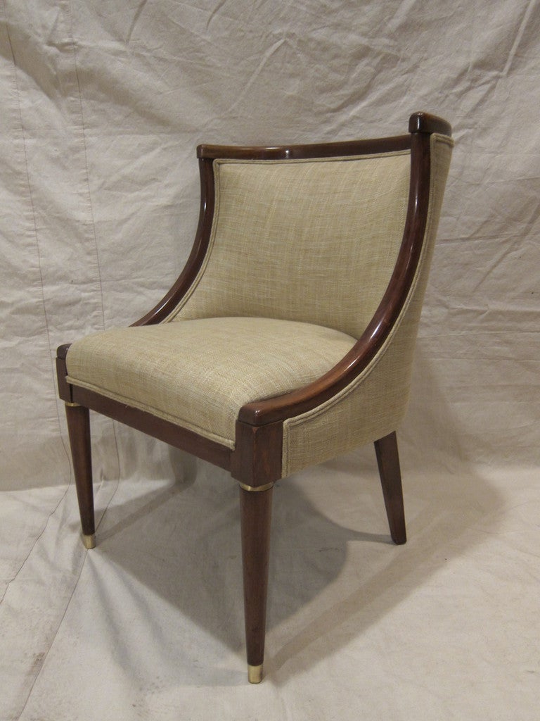 Completely restored with new fabric, a very elegant midcentury Regency Barrel Back Side Chair.  Nice brass finishes on legs.  This is an excellent chair for small space seeking one comfortable beautiful chair. 

