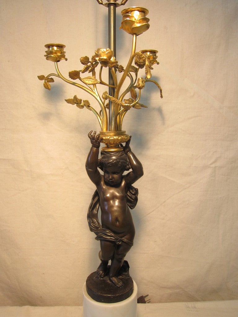 Pair of French 19th Century Bronze Putti Lamp For Sale 4