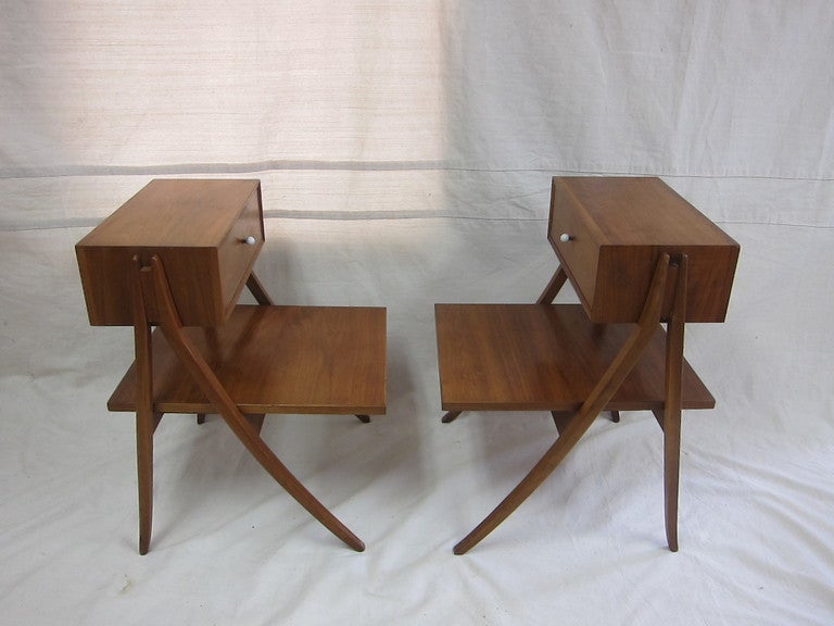 Pair of nightstands by Kip Stewart and Stewart MacDougall for their Drexel Declaration collection. Top floating drawer with porcelain ball pulls.  Very good condition.