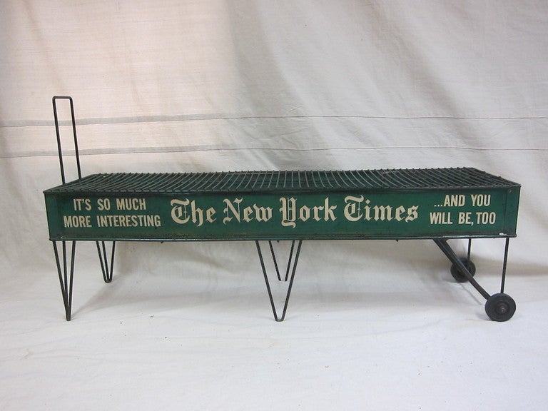 1940-50 Iconic New York Times Newspaper  Merchandising Display Cart. Advertising Cart.  Very good original condition.  Height of the table or display platform is 19 inches, the height of the cart handle is 31 inches.