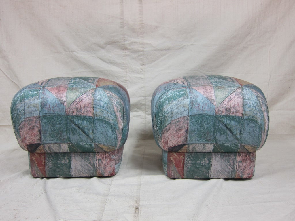 Pair of Pouf Ottomans in Soufflé Design in the manor of Karl Springer on casters original fabric in very good  condition. circa 1980.