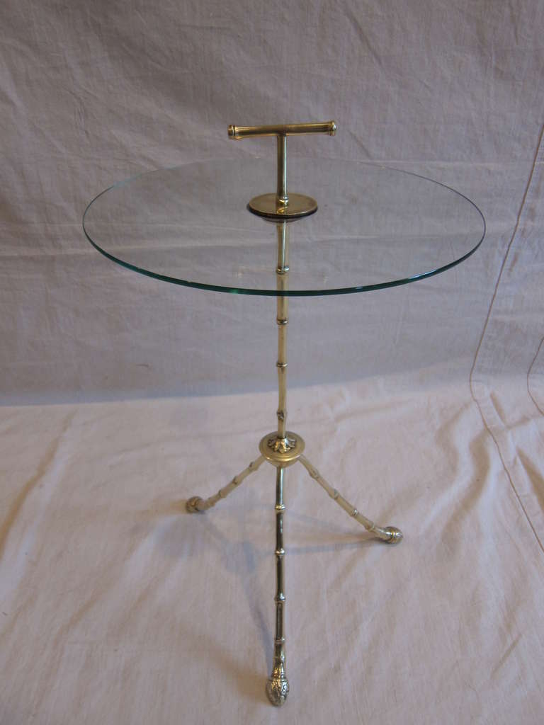 Early Bagues brass and glass side table, drinks table. Solid brass faux bamboo detail with handle.  
Excellent condition.

  