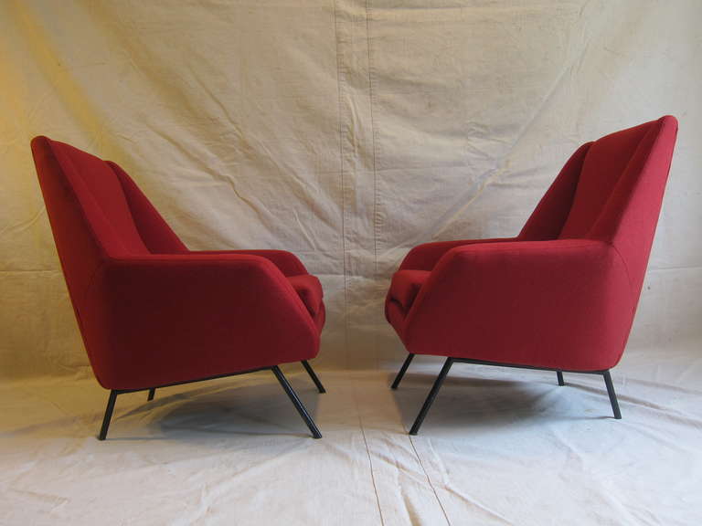 A pair of Italian Lounge Chairs attributed to Marco Zanuso, wonderfully sculpted, extremely comfortable, newly upholstered in Felt.   
Excellent
