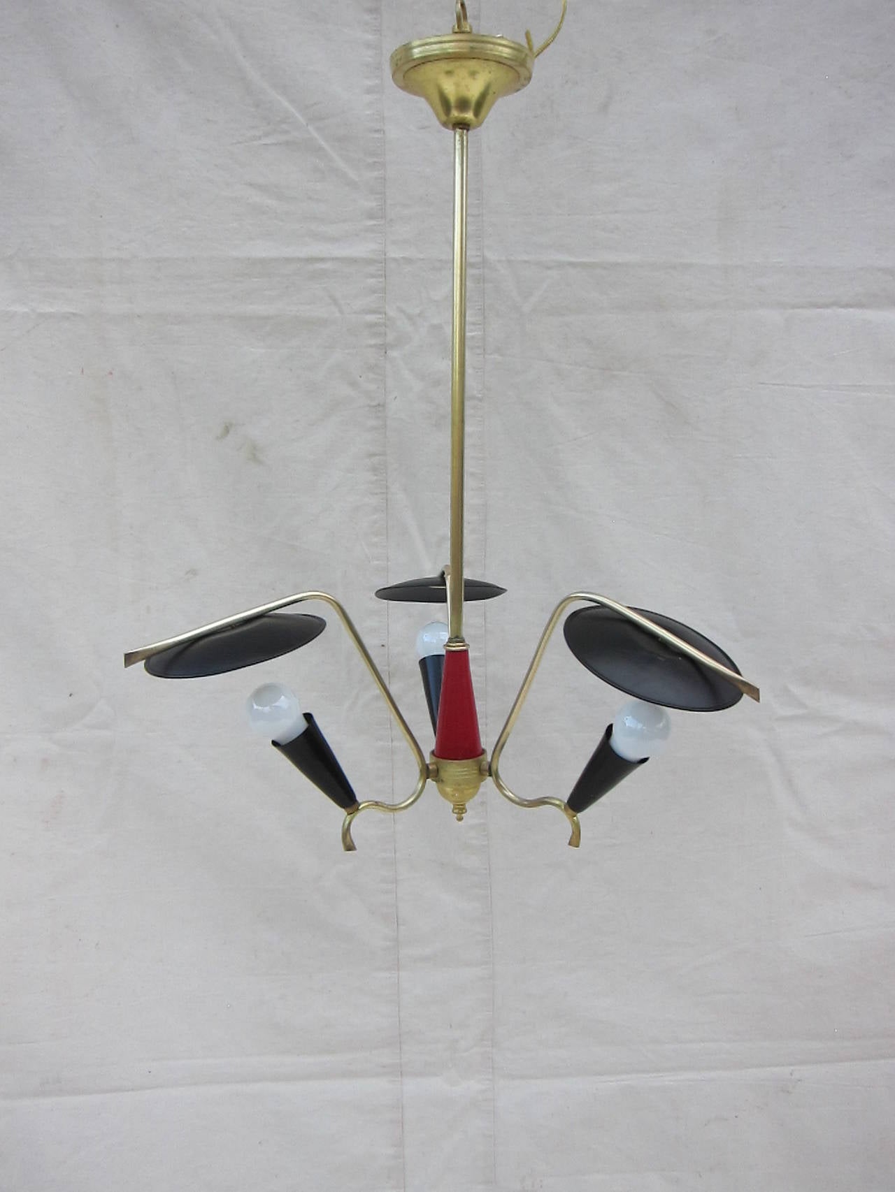 1950 Italian Mid Century Three Arm  Hanging Pendant Lamp.  
Very good condition,  new wiring. Height can be changed if needed. 
 CA 1950