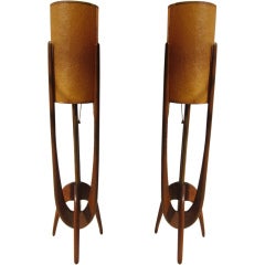 Vintage Pair Mid Century Teak Wood Lamps
