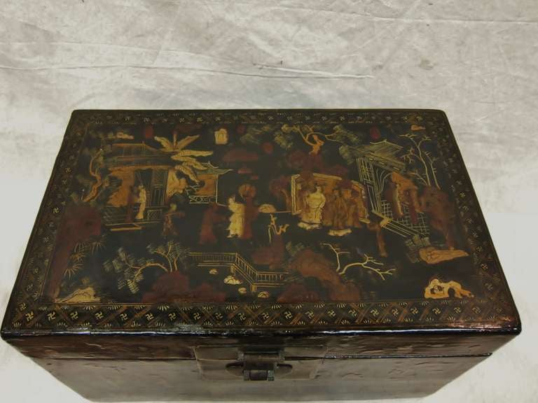 19th Century Chinoiserie Painted Box.  Wooden box with wonderful Chinoiserie painting.  CA1870