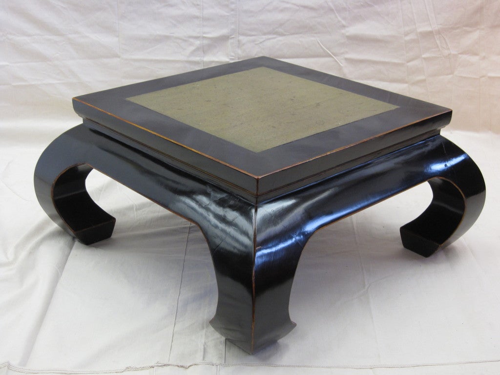 Stone Top coffee table, Chinese black lacquer opium leg table with inset old stone top.  Superior craftsmanship showcasing curved under Chinese style opium leg.   Item is in very good condition.  