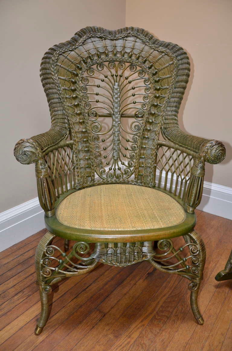 Ornate Victorian Antique Wicker Chair and Rocker For Sale at 1stDibs