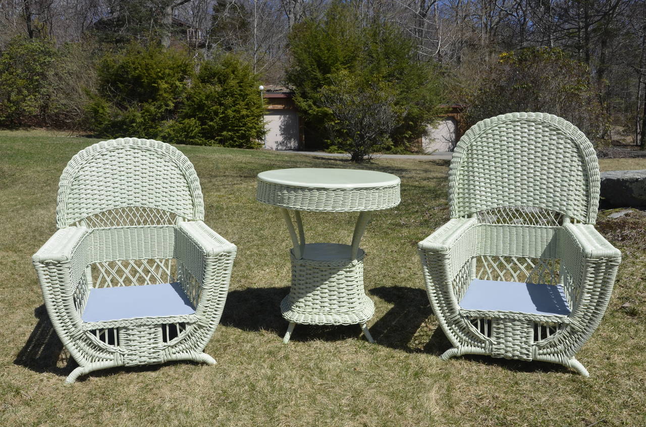 A beautiful and rare antique wicker parlor set freshly painted in Benjamin Moore Guilford Green.
Table 32