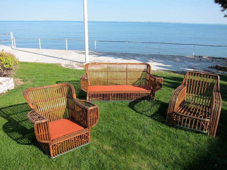 Beautiful Ypsilanti three piece stick wicker set in original natural finish.  Large scale and comfortable.
Sofa 73