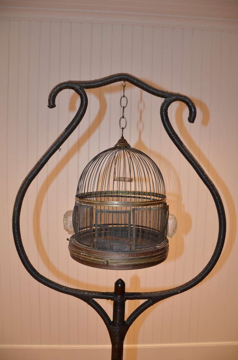 American Merikord Antique Wicker Birdcage and Stand For Sale