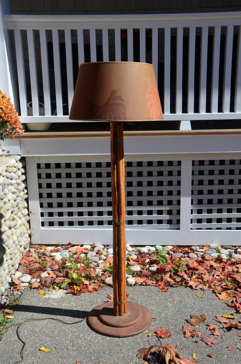 Antique Adirondack five pole signed Old Hickory floor lamp in original finish with rarely seen original shade. Lamp height is 60