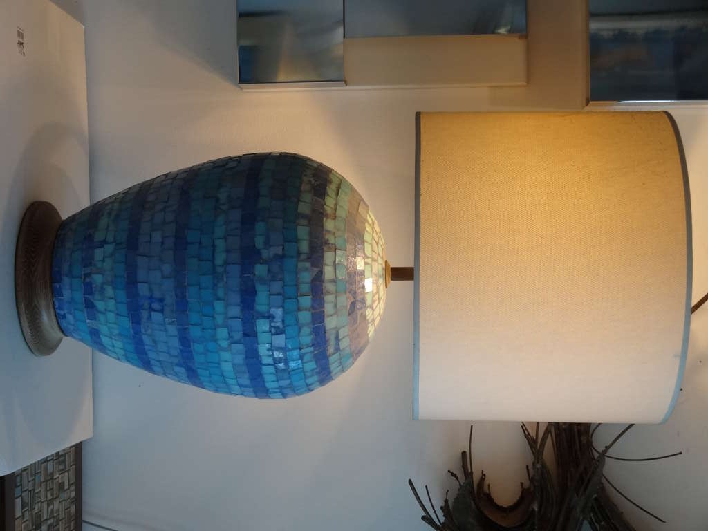 Exquisite lamp. Done in Italian glass tiles and mounted on cerused oak base and finial.