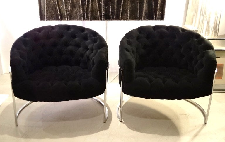 A wonderful pair of Milo Baughman chairs. Chrome frame new tuffted velvet upholstery. Very comfortable and awesome to look at. 