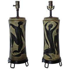 Pair of Incredible Marcello Fantoni Ceramic Lamps with Nude Dancers