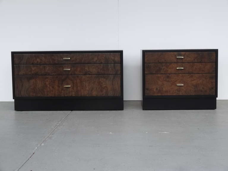 Handsome and so practical. A pioneer approach to a pair of side cabinets, both with 3 drawers appointed with solid brass pulls. Could also be used side by side.  
Smallest is 24