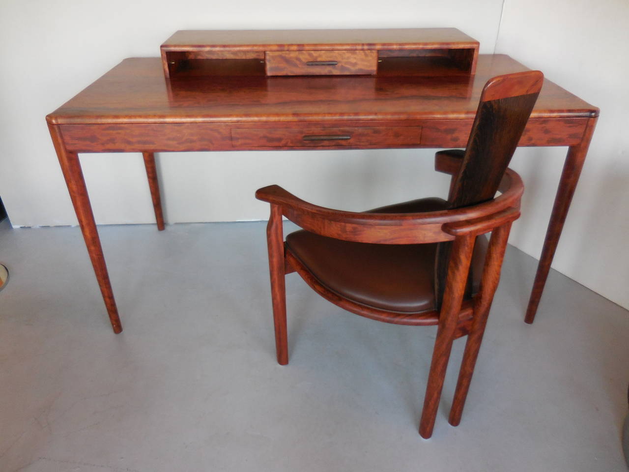 Spectacular desk and chair. Masterfully crafted. Beautiful pattern on the wood. Virtuoso construction and design. Signed and dated.
