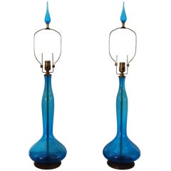 Retro Pair of Large Blue Blenko Lamps
