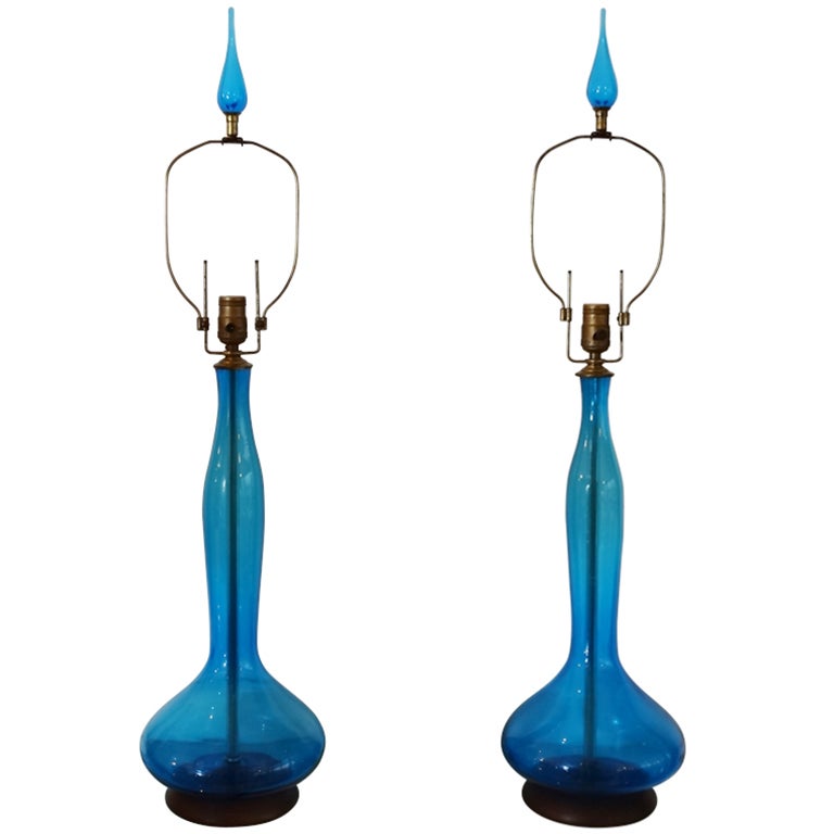 Pair of Large Blue Blenko Lamps at 1stdibs