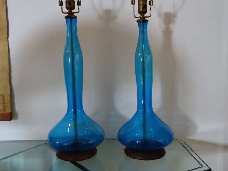 American Pair of Large Blue Blenko Lamps