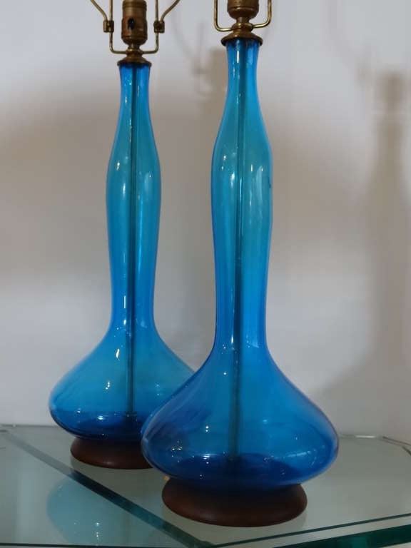 Pair of Large Blue Blenko Lamps In Excellent Condition In Miami, FL