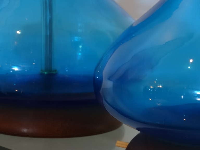 Mid-20th Century Pair of Large Blue Blenko Lamps