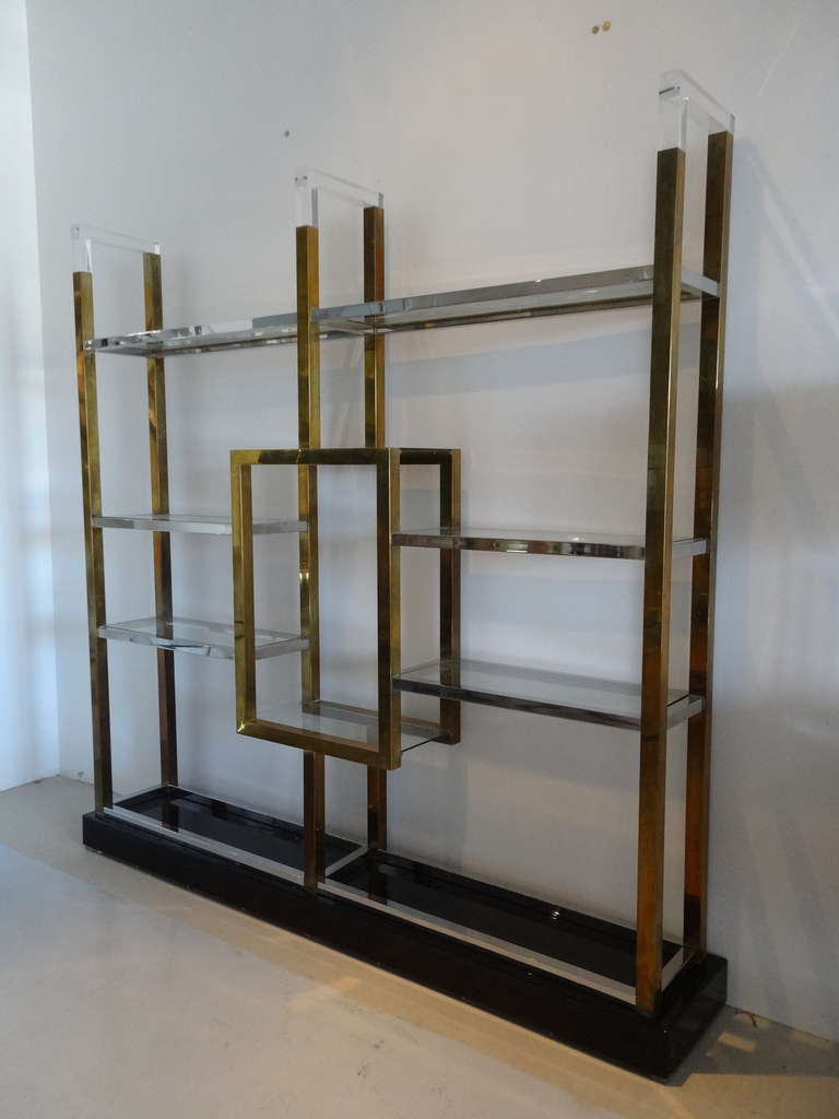 Italian Large Brass, Chrome and Lucite Wall Unit by Romeo Rega