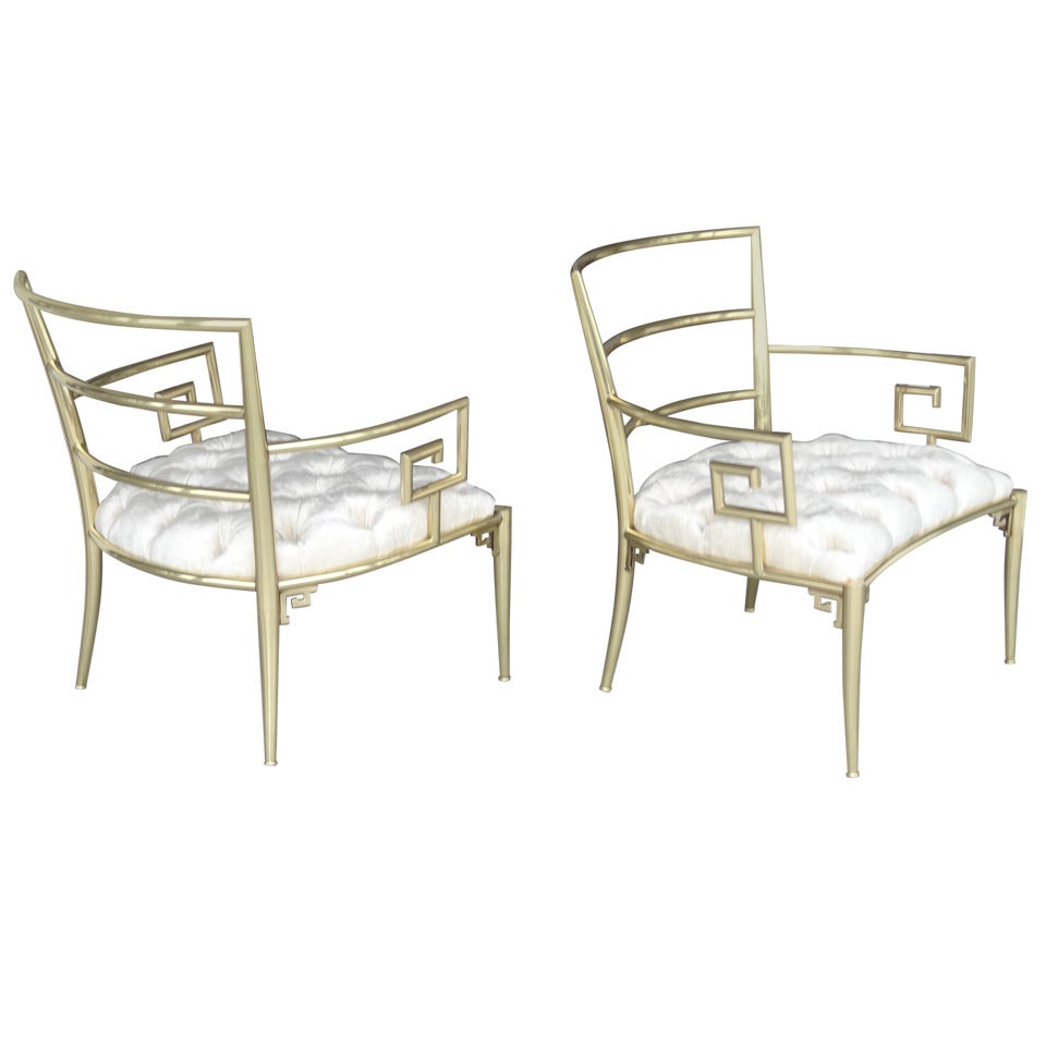 Pair of Brass Armchairs with Greek Key by Mastercraft