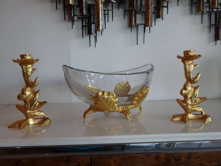 A rare centerpiece and candle holder set by French artist Mathias for Fondica. Incredible quality, heavy gilded bronze.