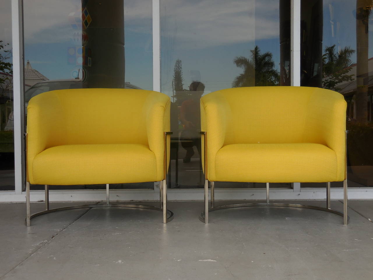 Late 20th Century Pair of Yellow Barrel Chairs by Milo Baughman