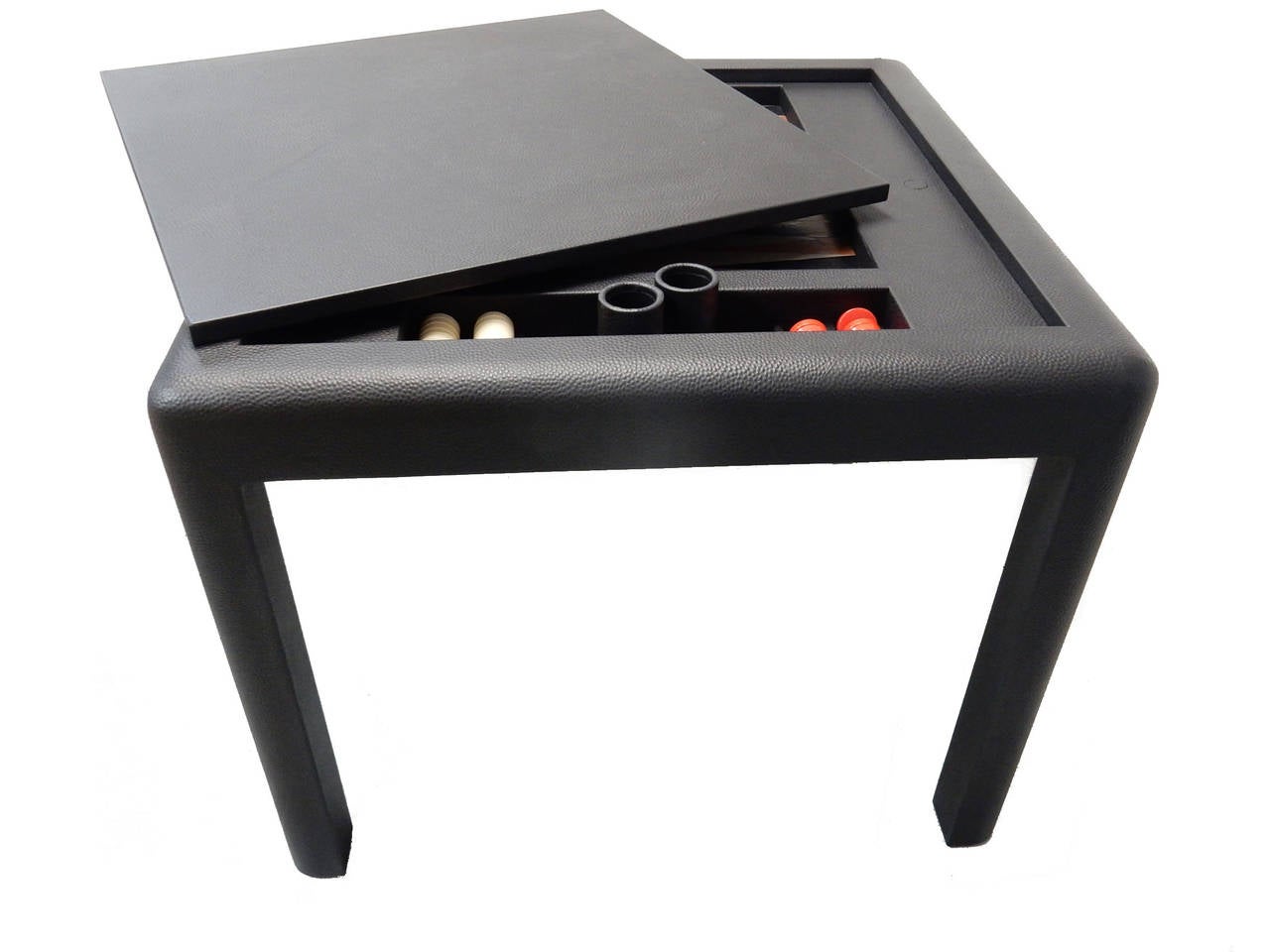 A beautiful games table by Karl Springer. Ostrich leather in a dark almost black charcoal color. Simple elegant and timeless design. Signed and dated.