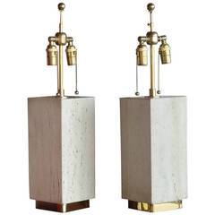 Pair of Italian Travertine and Brass Lamps
