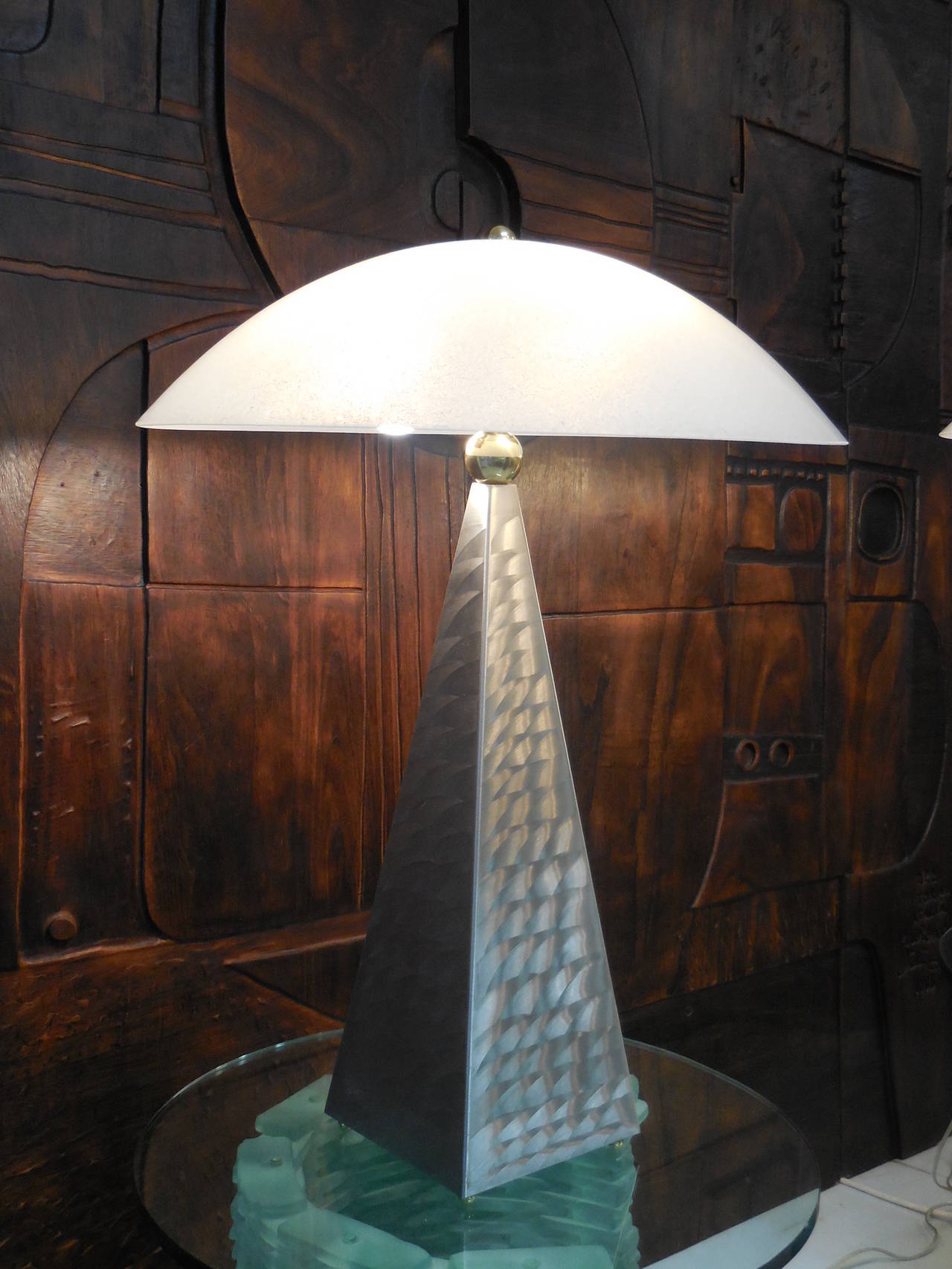 Large Pair of Stainless Steel, Brass and Glass Table Lamps In Excellent Condition In Miami, FL
