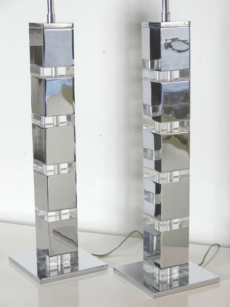 American Pair of Chrome and Lucite Lamps by Karl Springer