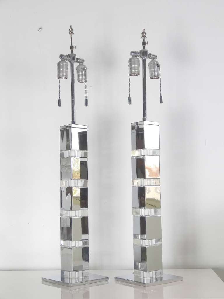 Pair of Chrome and Lucite Lamps by Karl Springer