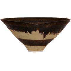 Lucie Rie - Porcelain Bowl with Black & Cream Banding and Bronze Rim