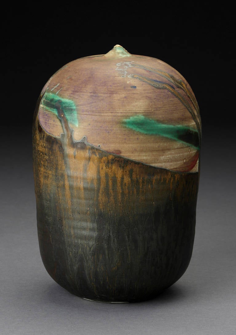 Toshiko Takaezu is one of the most iconic artists in American ceramics, known for her forms and glazes, this piece are in mint condition. Takaezu was a professor at Princeton. She studied at the Cranbrook Art Institute and was close personal friends